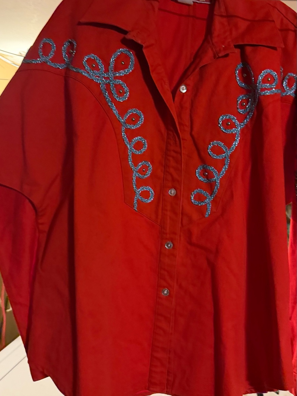 Liz E Parker Red Button-Down Shirt with Blue Embroidered Accents western style